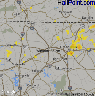 Hail Map for Winston-Salem, NC Region on July 13, 2017 