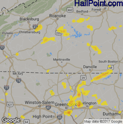 Hail Map for Martinsville, VA Region on July 13, 2017