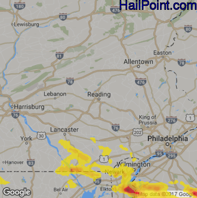 Hail Map for Reading, PA Region on July 14, 2017
