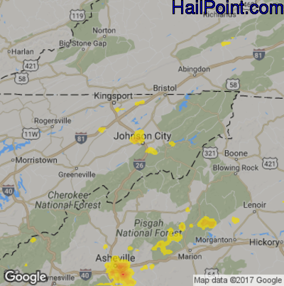 Hail Map for Johnson City, TN Region on July 14, 2017