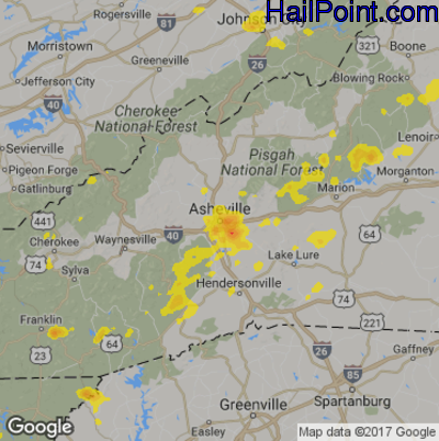 Hail Map for Asheville, NC Region on July 14, 2017