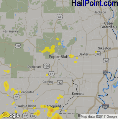 Hail Map for Poplar Bluff, MO Region on July 14, 2017 