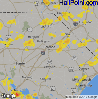 Hail Map for Florence, SC Region on July 15, 2017 
