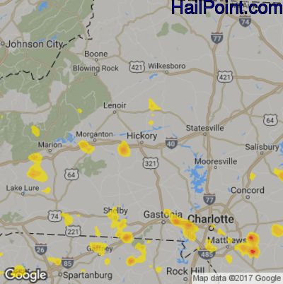 Hail Map for Hickory, NC Region on July 15, 2017