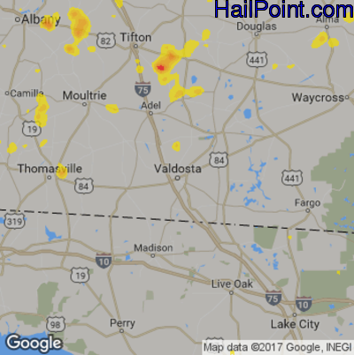 Hail Map for Valdosta, GA Region on July 15, 2017