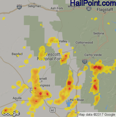 Hail Map for Prescott, AZ Region on July 15, 2017