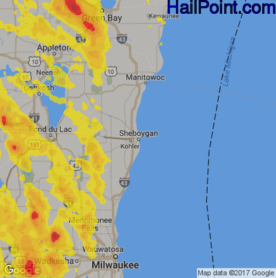 Hail Map for Sheboygan, WI Region on July 16, 2017