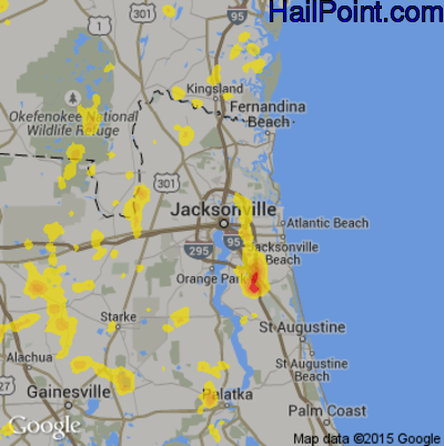 Hail Map for Jacksonville, FL Region on July 16, 2017 
