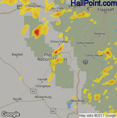 Hail Map for Prescott, AZ Region on July 16, 2017