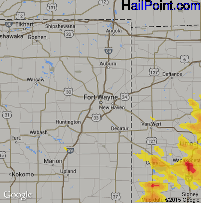 Hail Map for Fort Wayne, IN Region on July 16, 2017
