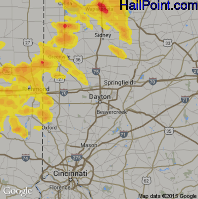Hail Map for Dayton, OH Region on July 16, 2017