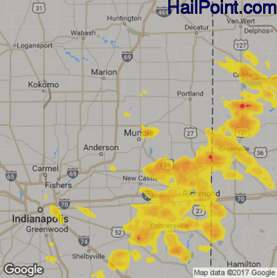 Hail Map for Muncie, IN Region on July 17, 2017 