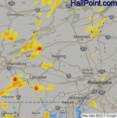 Hail Map for Reading, PA Region on July 17, 2017 