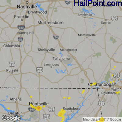 Hail Map for Tullahoma, TN Region on July 17, 2017
