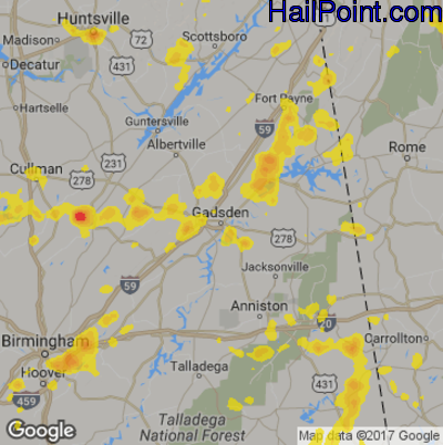 Hail Map for Gadsen, AL Region on July 17, 2017