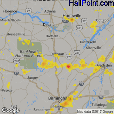 Hail Map for Cullman, AL Region on July 17, 2017 