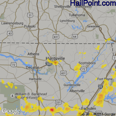 Hail Map for Huntsville, AL Region on July 17, 2017