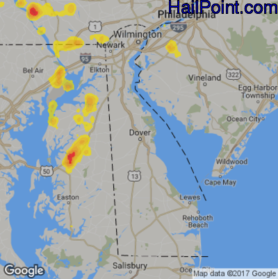 Hail Map for Dover, DE Region on July 17, 2017