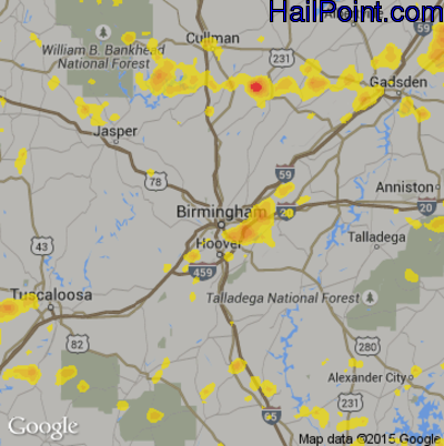 Hail Map for Birmingham, AL Region on July 17, 2017