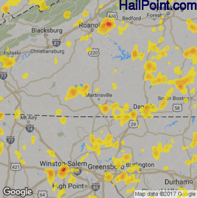 Hail Map for Martinsville, VA Region on July 18, 2017