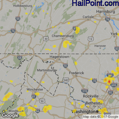 Hail Map for Hagerstown, MD Region on July 18, 2017
