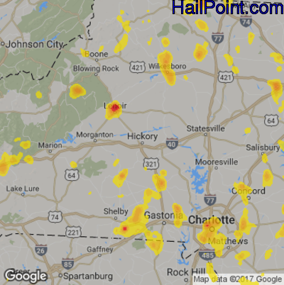 Hail Map for Hickory, NC Region on July 18, 2017