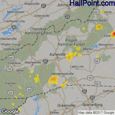 Hail Map for Asheville, NC Region on July 18, 2017