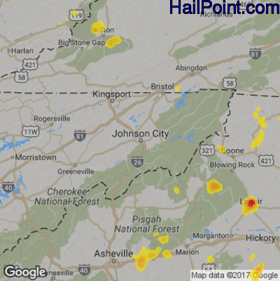 Hail Map for Johnson City, TN Region on July 18, 2017