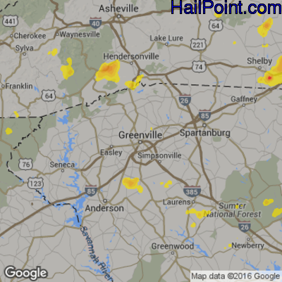 Hail Map for Greenville, SC Region on July 18, 2017 