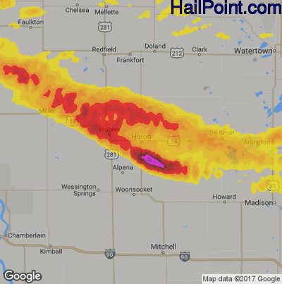 Hail Map for Huron, SD Region on July 19, 2017