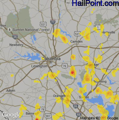Hail Map for Columbia, SC Region on July 19, 2017