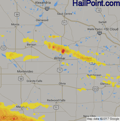 Hail Map for Willmar, MN Region on July 19, 2017