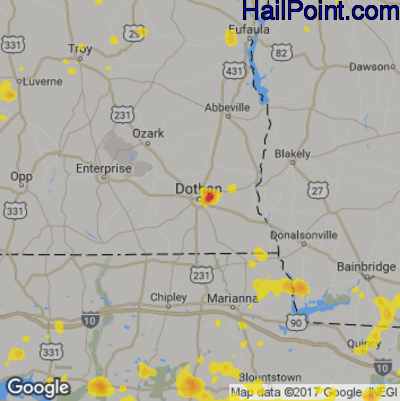 Hail Map for Dothan, AL Region on July 21, 2017