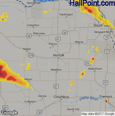 Hail Map for Norfolk, NE Region on July 21, 2017