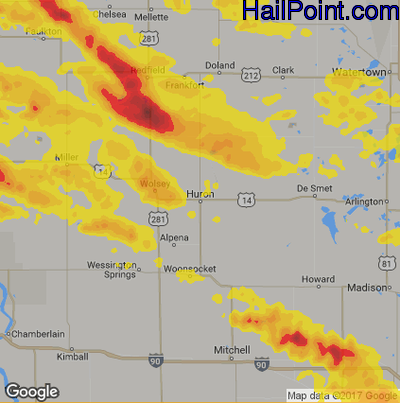 Hail Map for Huron, SD Region on July 22, 2017