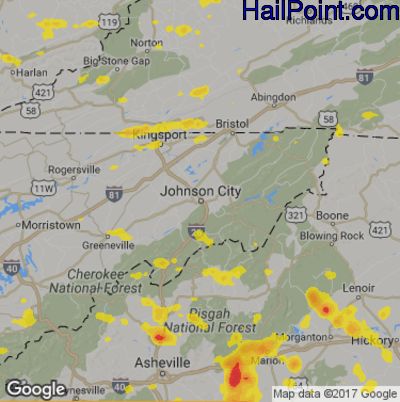 Hail Map for Johnson City, TN Region on July 22, 2017