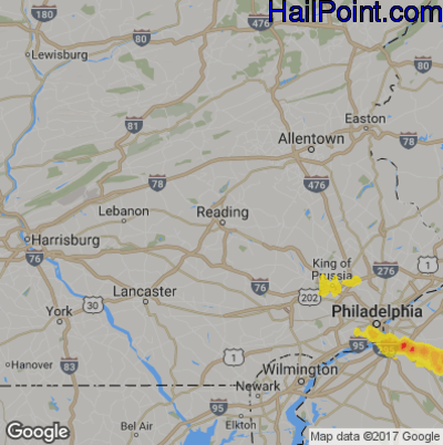 Hail Map for Reading, PA Region on July 22, 2017