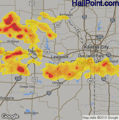 Hail Map for Lawerence, KS Region on July 22, 2017
