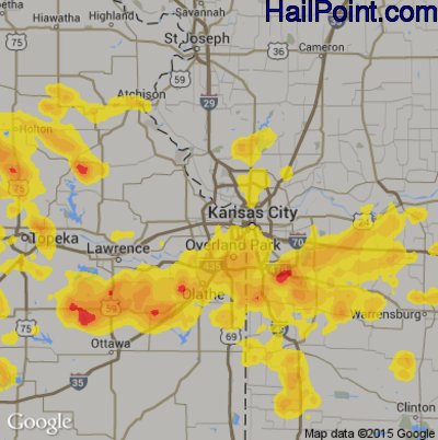 Hail Map for Kansas City, KS Region on July 22, 2017