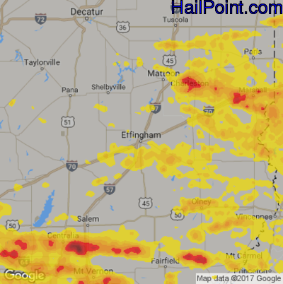 Hail Map for Effingham, IL Region on July 22, 2017 
