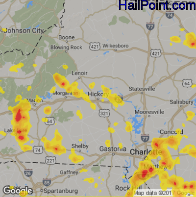Hail Map for Hickory, NC Region on July 23, 2017
