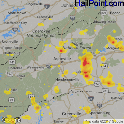 Hail Map for Asheville, NC Region on July 23, 2017