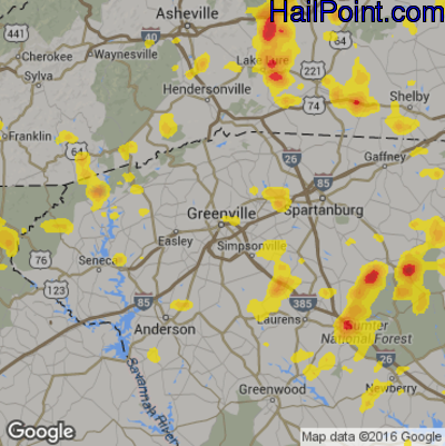 Hail Map for Greenville, SC Region on July 23, 2017