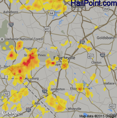 Hail Map for Fayetteville, NC Region on July 23, 2017