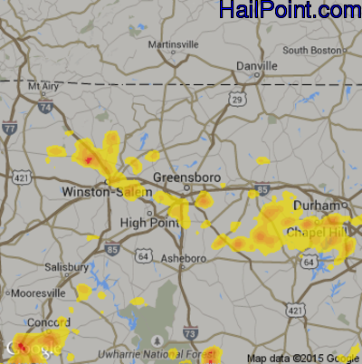 Hail Map for Greensboro, NC Region on July 23, 2017