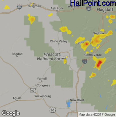 Hail Map for Prescott, AZ Region on July 23, 2017 