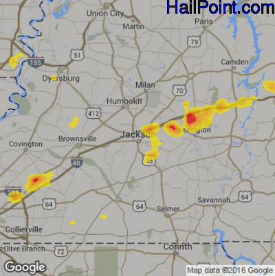 Hail Map for Jackson, TN Region on July 23, 2017