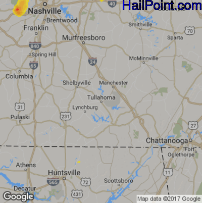 Hail Map for Tullahoma, TN Region on July 23, 2017