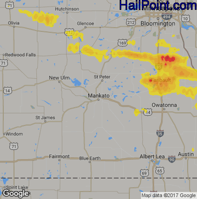 Hail Map for Mankato, MN Region on July 25, 2017