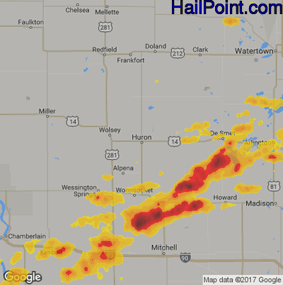 Hail Map for Huron, SD Region on July 25, 2017